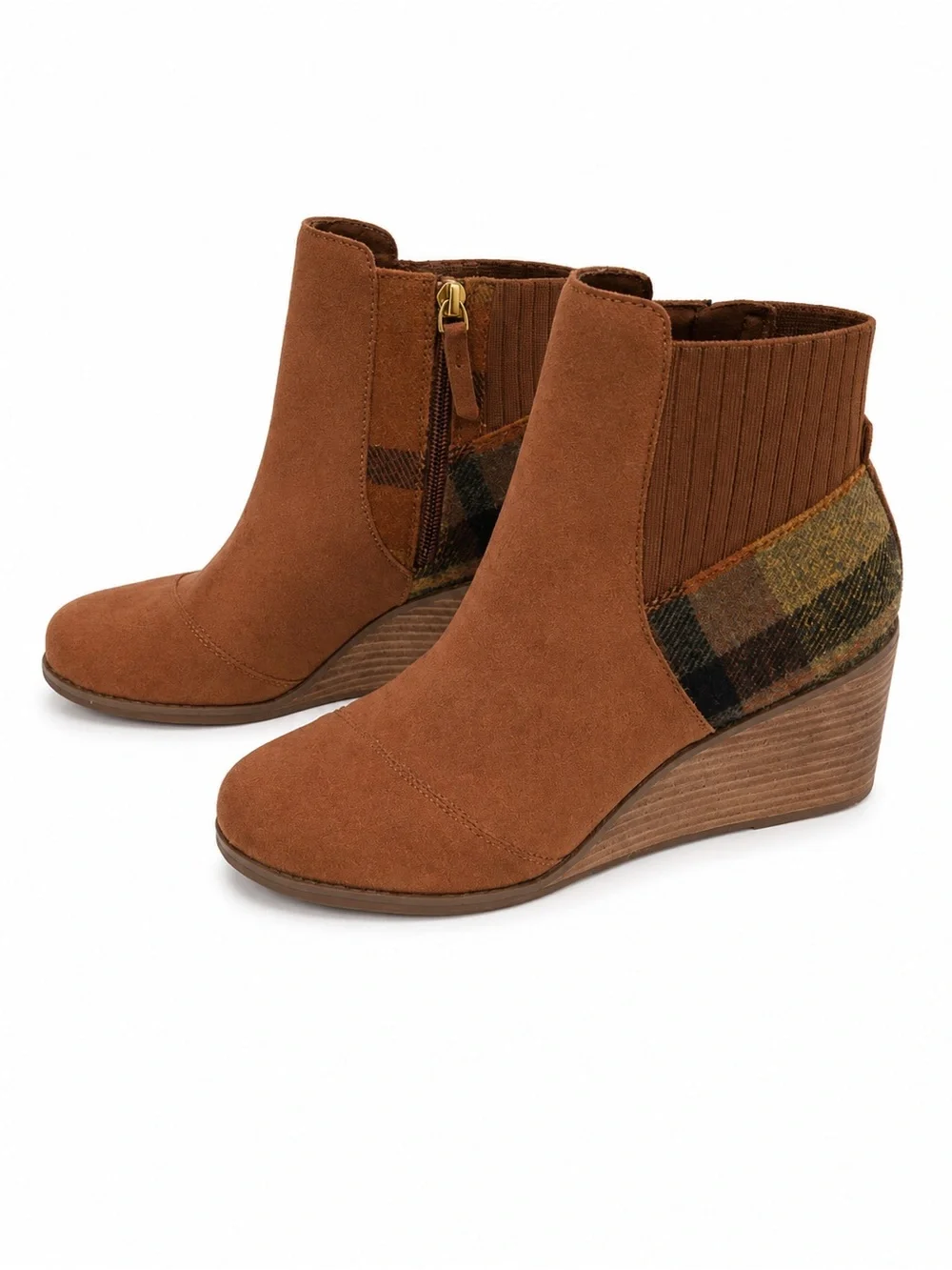 Toms Brown Suede Wedge Ankle Boot with Plaid Knit Back Detail